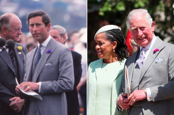 King Charles attending the Melbourne Cup in 1985 wearing a morning suit from Anderson and Sheppard and at the wedding of Prince Harry and Meghan Markle in 2018.