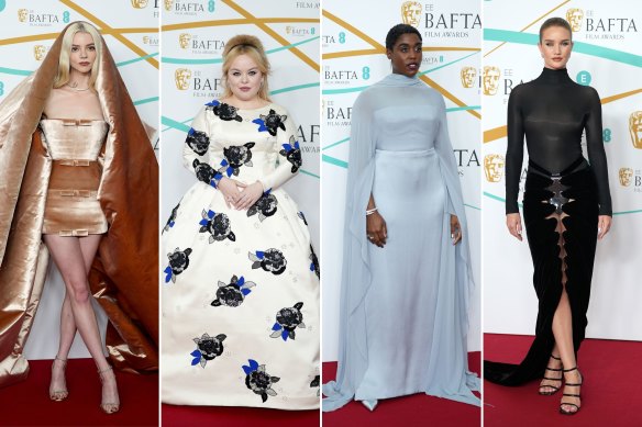 The internationals: Anya Taylor Joy in Schiaparelli; Nicola Coughlan in Valentino; Lashana Lynch in Fendi; Rosie Huntington-Whiteley in Alaia.