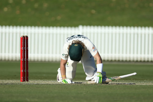 Will Pucovski after suffering a head knock against India in a tour match in 2020.