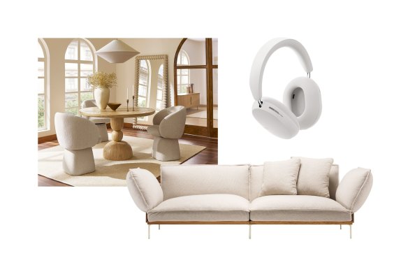 “Brooke” dining table; “Jord” sofa; “Ace” headphones.