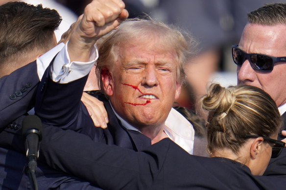 Assassination attempt: A defiant Trump raises a fist to the crowd after his right ear was nicked by a sniper’s bullet in July.