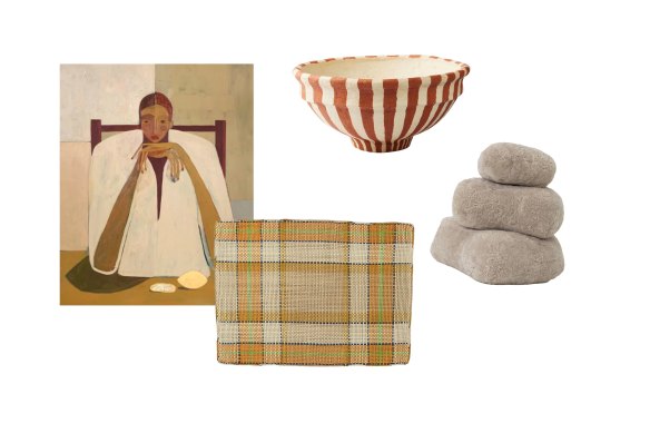 Artwork; placemats; “Carnival” bowl; “Sheepskin Stone Set” floor cushions  