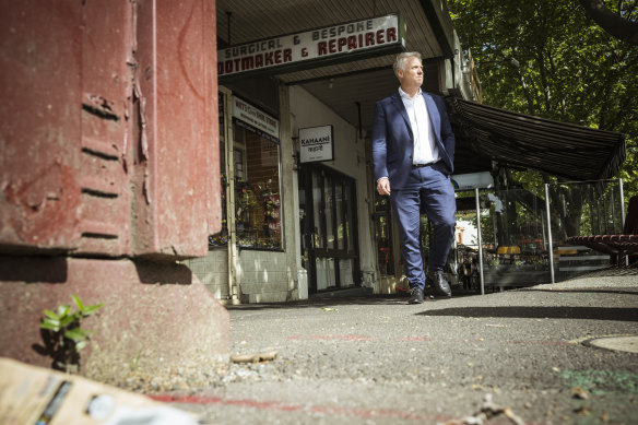 Lord mayoral candidate Arron Wood on Lygon Street in Carlton.