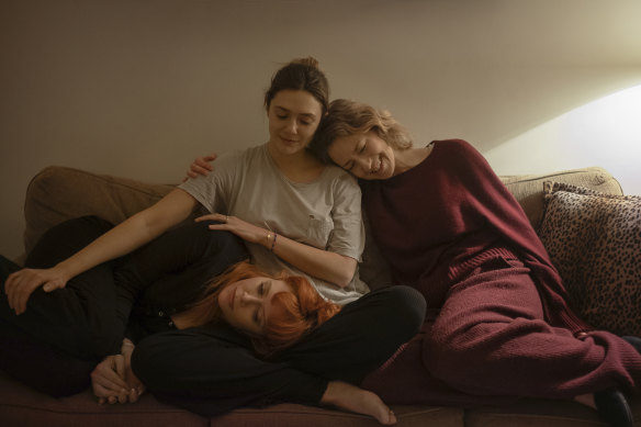 Distant sisters reunite as their ailing father’s death looms in His Three Daughters: (from left) Natasha Lyonne, Elizabeth Olsen and Carrie Coon. 