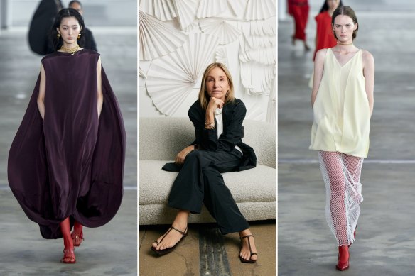 Amy Smilovic (centre) and examples of creative pragmatism on the Tibi runway in New York.