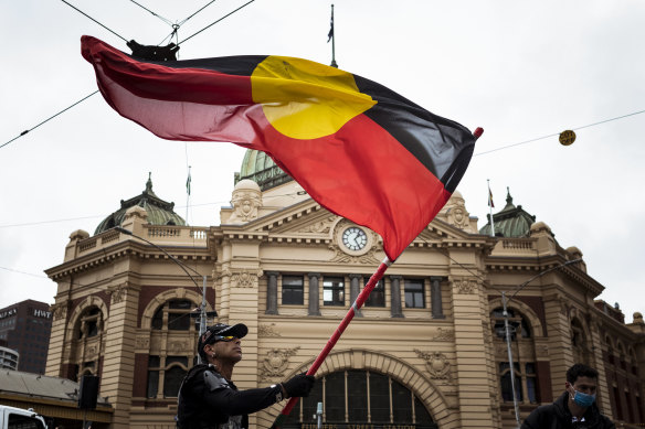 Thousands marched at the Invasion Day rally in Melbourne in 2021.