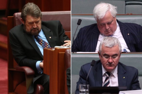 Australian politicians snapped dozing off in parliament: Left, Derryn Hinch in 2016, and right, Clive Palmer in 2014.