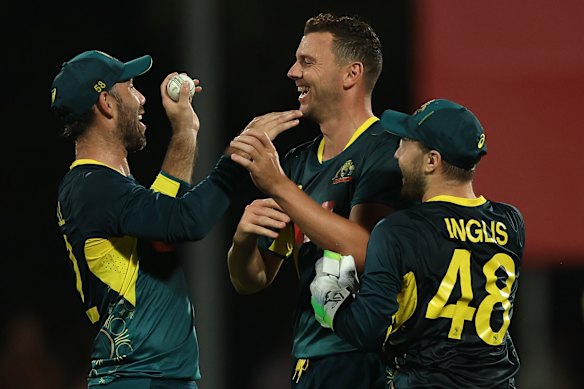 Josh Hazlewood celebrates the wicket of George Linde. 
