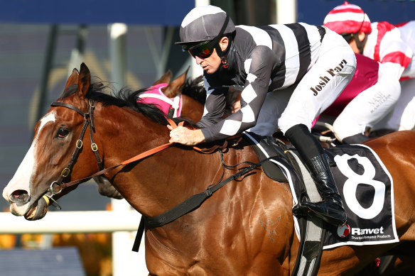 Josh Parr rides the Bjorn Baker-trained Disneck to victory at Rosehill on April 27.