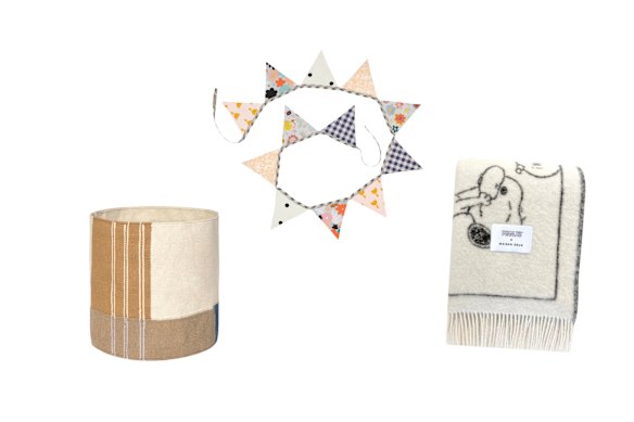 “Nopal” storage basket; Bunting; “Donut Comic” blanket.  