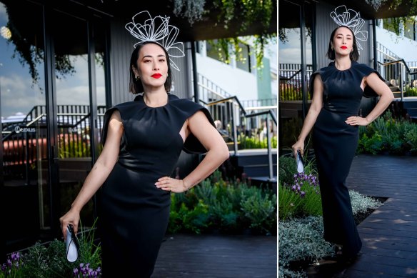 Melissa Leong outside the Landmark Lexus marquee on Derby Day.