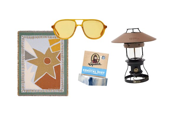 “Aster” woven blanket; “Koenji” sunglasses; Soap; Camping lamp.  