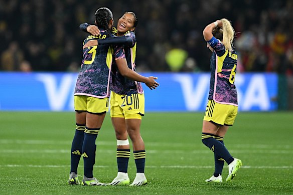 Colombia celebrates their win over Jamaica.