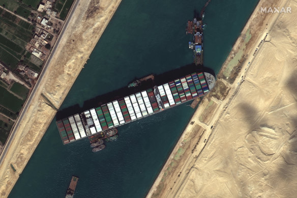 The ship, wedged in the Suez Canal.
