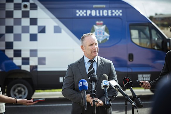 Detective Inspector Chris Murray speaks in Truganina on Thursday, appealing for information about the fatal house fire.