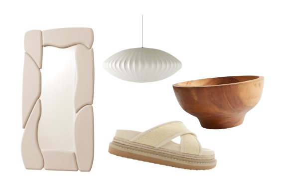 “Arlo” floor mirror; “Saucer Bubble” pendant light; “Aysha” slides; “Charred Wood” bowl.  