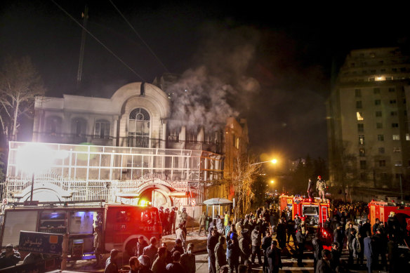 Smoke rises as Iranian protesters set fire to the Saudi embassy in Tehran in 2016.