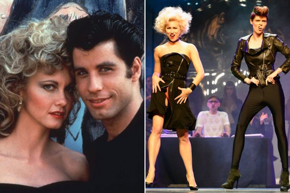 A promotional still of Olivia Newton-John and John Travolta in the 1978 film “Grease” and models in the Jean Paul Gaultier spring 2014 runway show in Paris, September 28, 2013.