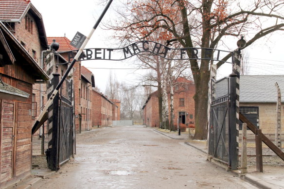 The gates to the first Auschwitz camp, bearing the infamous legend <i>Arbeit Macht Frei</i> ("Work Sets You Free").