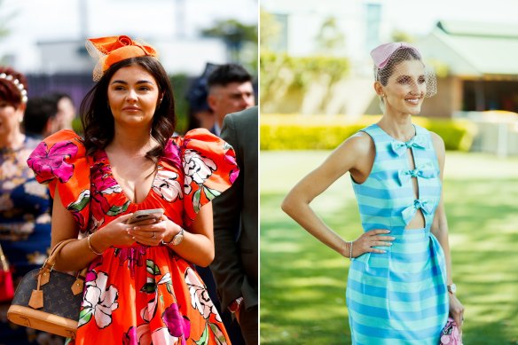 Fashion favourites ... a racegoer in Aje in 2022 (left), and Kate Waterhouse wearing Rebecca Vallance at the Everest.