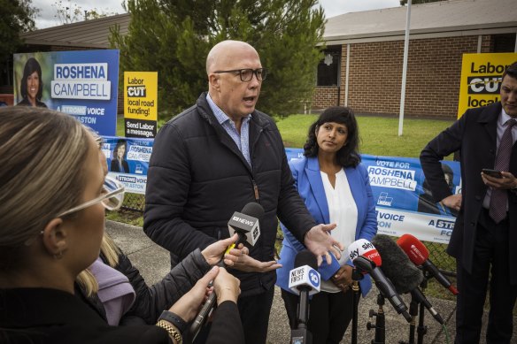 Opposition Leader Peter Dutton with unsuccessful Liberal candidate for Aston, Roshena Campbell, today.