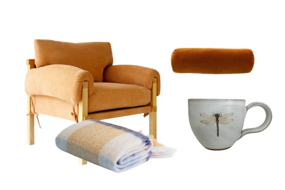 “Harper” armchair; “Teddy” blanket; “Elk” bolster cushion; “Dragonfly” mug.