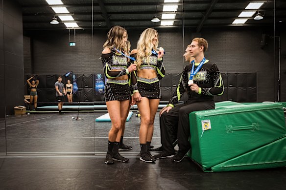 Ciara Heffernan (left), Georgia Epple and Jack Maillard with their world champion medals.