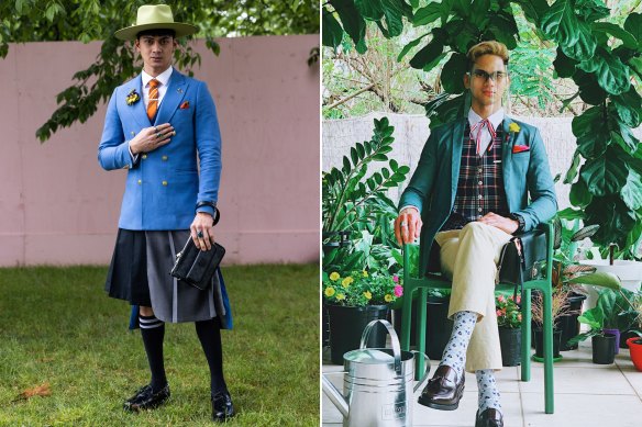 Fashions on the Field best suited competition winner Sherlon Garbo (left), and in his winning entry in 2020. 