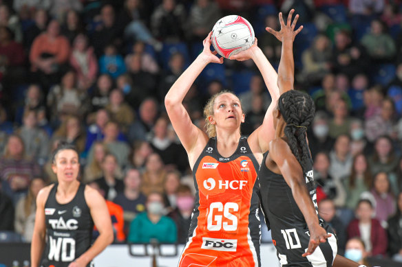 GWS Giants captain Jo Harten shoots for goal against the Magpies in their round 10 clash.