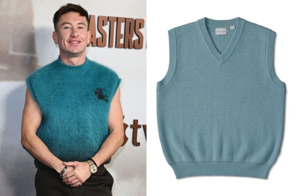 From left: Barry Keoghan; Joseph & James V-neck merino vest.