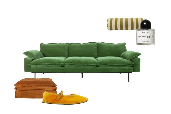 “Slouch” ottoman; “Mary Jane” slippers; “Retro” sofa; Cushion; “Velvet Haze”.
