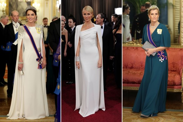 Princess Catherine in a Jenny Packham gown wearing the Lover’s Knot Tiara at a Buckingham House state banquet for South African President Cyril Ramaphosa; Gwyneth Paltrow setting cape dress trends in Tom Ford at the 2012 Academy Awards; Sophie, Countess of Wessex in the Wessex Aquamarine Tiara and sparkling LK Bennet shoes.