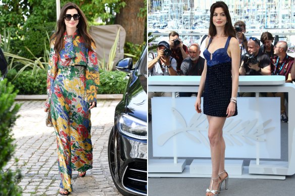 Anne Hathaway in a Schiaparelli sequinned suit and Gucci mini-dress at the Cannes Film Festival in May. 