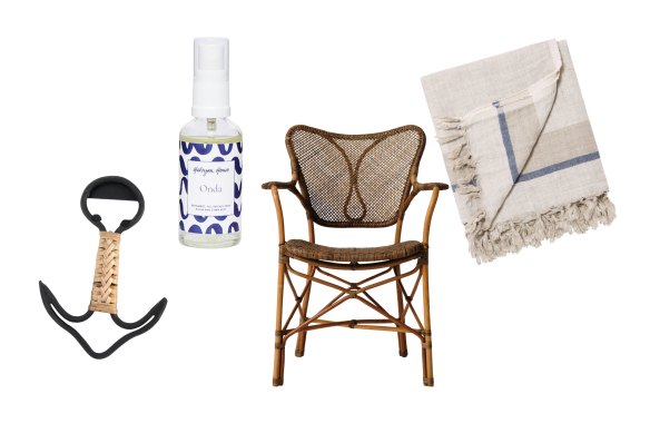 “Anchorage” bottle opener; “Onda” room and linen mist; “Piana” chair; “Salma Ocean” throw.  