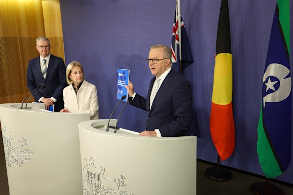 Prime Minister Anthony Albanese, Home Affairs Minister Tony Burke and antisemitism envoy Jillian Segal at a press conference in Sydney. 