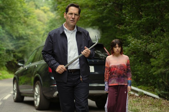Paul Rudd and Jenna Ortega in a scene from Death of a Unicorn.