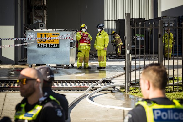 Fire Rescue and police on the scene of a blaze at a liquor wholesale factory in Keysborough.