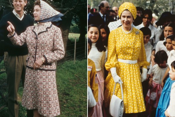 A colour-coordinated Queen: Elizabeth ll at Balmoral in 1972 and in Mexico wearing a turban in  1975.