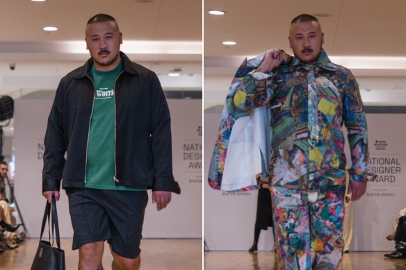 Model Mikey Nguyen in Best Jumpers and Jordan Gogos at the National Designer Award presentation at David Jones Melbourne as part of the Melbourne Fashion Festival.