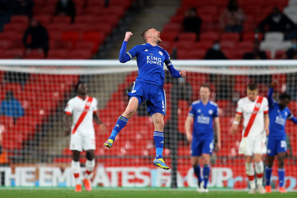 Jamie Vardy celebrates Leicester’s victory at Wembley.