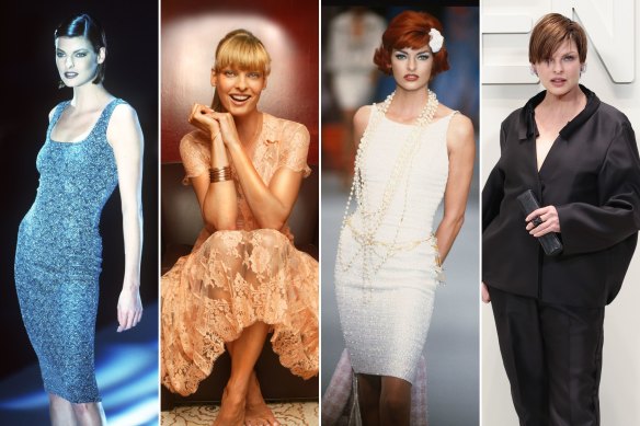 Linda Evangelista at Australian Fashion Week in 1997; in Melbourne 2004; on the Chanel runway for the spring 1992 collection; front row at Fendi this week.
Credit: Patrick Cummins; Simon Schluter; Getty; Supplied