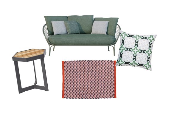 “Hex” side table; “HiRay” outdoor sofa; Hay doormat; “Lui Tile” cushion.  