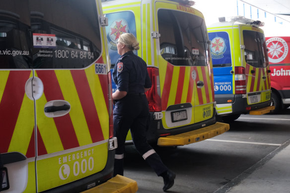 A paramedic at Sunshine Hospital last week. There were about 10 patients waiting inside with paramedics.