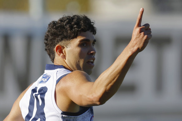 Tyson Stengle celebrates a goal during round 10.