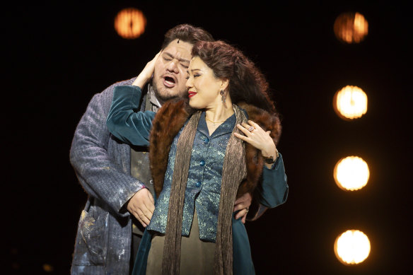 Diego Torre, playing the role of Cavaradossi, and Karah Son, playing the role of Tosca.