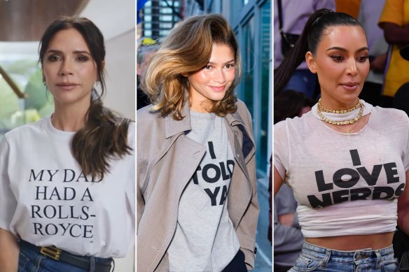 T-shirts without a cause. Victoria Beckham’s “My Dad Had A Rolls-Royce” T-shirt; Zendaya’s “I Told Ya” top from Loewe and Kim Kardashian’s vintage “I Love Nerds” T-shirts were not for charitable causes.