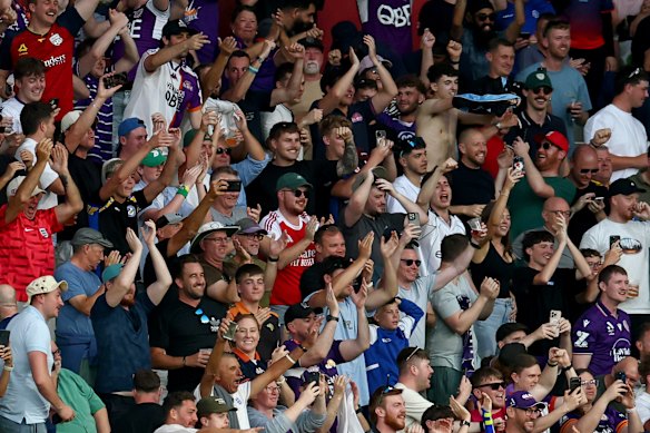 The Barmy Army infiltrates the Perth Glory away fans section at AAMI Park in Melbourne.