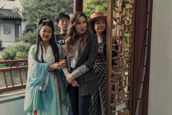Joy Ride, starring (from left) Stephanie Hsu as Kat, Sabrina Wu as Deadeye, Ashley Park as Audrey and Sherry Cola as Lolo, is almost overwhelmed by the group’s energy levels. 