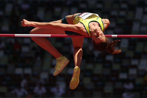 Nicola McDermott competes in the women’s high jump qualifying round on Thursday.