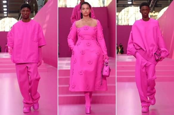 Models in the Valentino FW22-23 ready-to-wear show in March 2022 that’s credited as one source of the current Barbiecore craze.